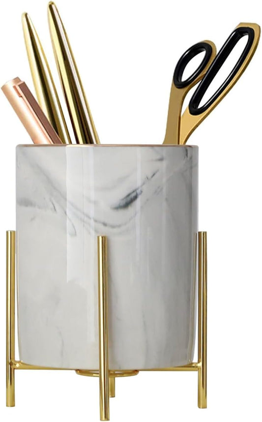 Sturdy Pen Holder Simple and elegant for Desk Matte Pencil Holder Ceramic Cute Desktop Organizer Brush Holder Cup (Black and Gold Plated)