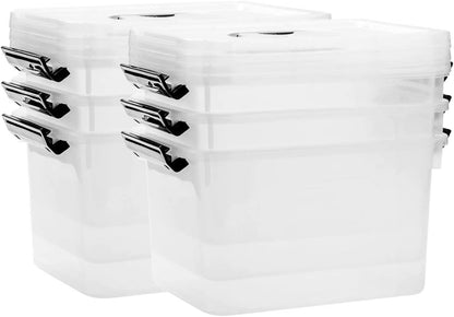 Stackable Plastic Black Storage Bins with Lids 6 Pack, 12 Quart Modular Organizer Boxes with Secure Latches for Closet, Pantry, Office and Small Item Storage