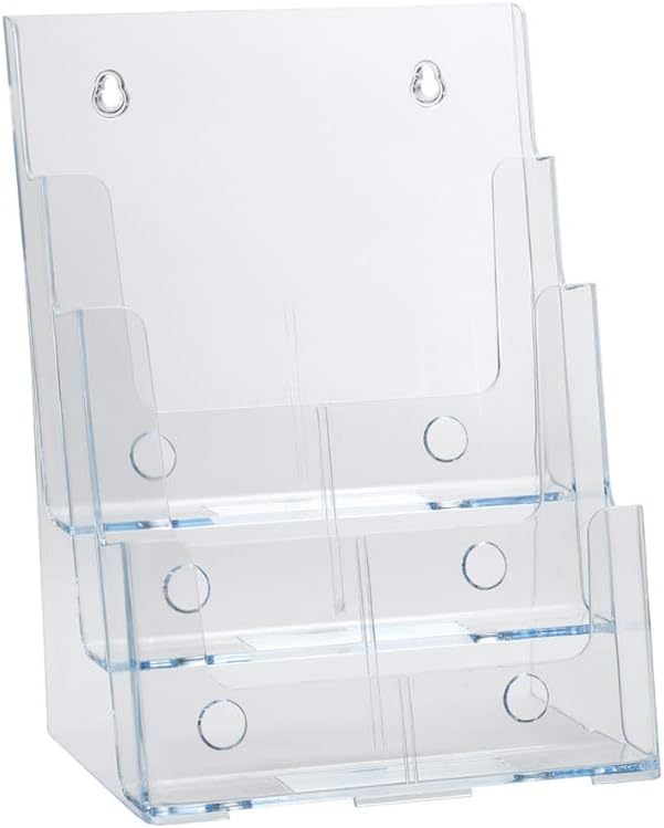 Azar Displays 252378, Brochure Holder, Acrylic Desk Organizer, Three Tier Document, Magazine & Sign Holder, Wall Mount Desk Accessories, Literature Display Stand, Divider for 4" Pamphlets, 8.5"x11"