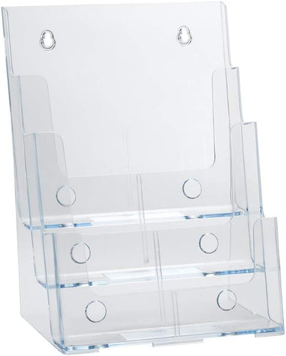 Azar Displays 252378, Brochure Holder, Acrylic Desk Organizer, Three Tier Document, Magazine & Sign Holder, Wall Mount Desk Accessories, Literature Display Stand, Divider for 4" Pamphlets, 8.5"x11"