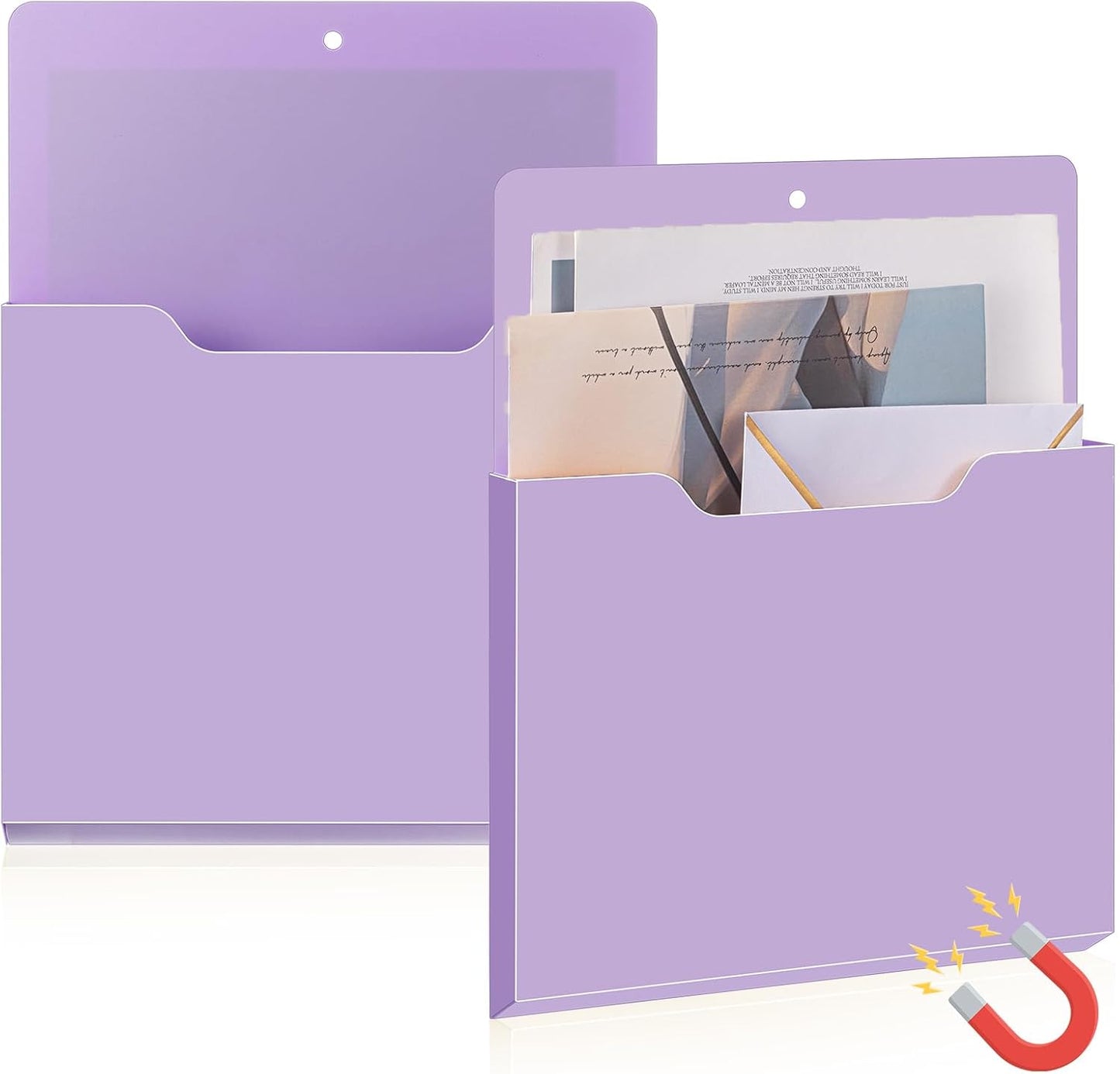Feifeiya 2 Pcs Magnetic File Folder Wall Hanging Holder Large Pocket Paper Magazine Mail Organizer for Refrigerator Classroom Locker Whiteboard(Vertical,Purple Color,12.2 x 9.4 Inches)