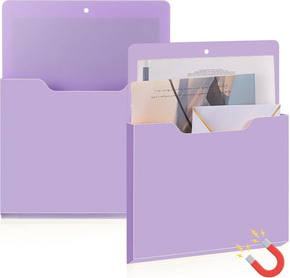 Feifeiya 2 Pcs Magnetic File Folder Wall Hanging Holder Large Pocket Paper Magazine Mail Organizer for Refrigerator Classroom Locker Whiteboard(Vertical,Purple Color,12.2 x 9.4 Inches)