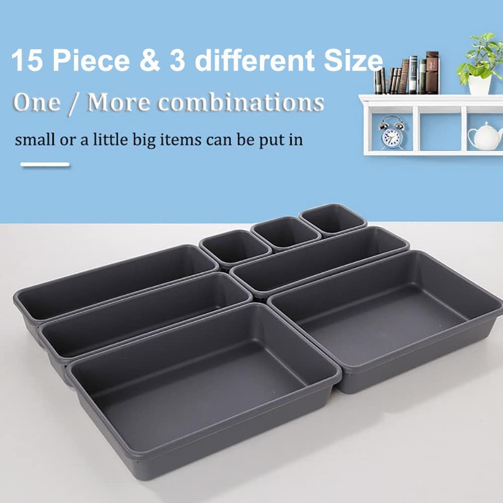 Kutesna 15 Piece Drawer Organizer Set, 3 Size Interlocking Plastic Storage Bins for Office Supplies, Jewelry Makeup Vanity, Bathroom Kitchen, Home Organization Closet, Gadgets Small Items, Black