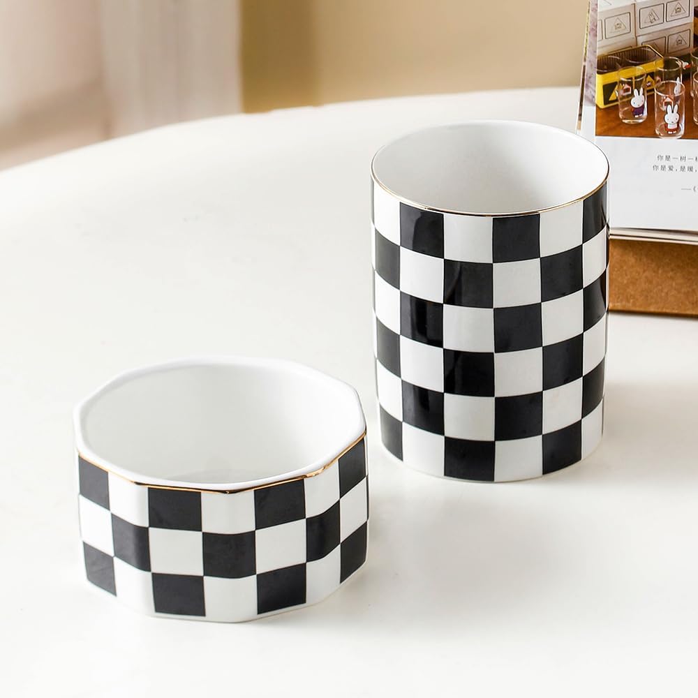 Aesthetic Desk Organizer Set of 2 For Office, Checkered Pen Holder and Paper Clip Holder Dispenser, Ceramic Cute Pencil Cup, Desktop Accessories, Office Decor, Ideal Gifts for Mom (Pink-White)