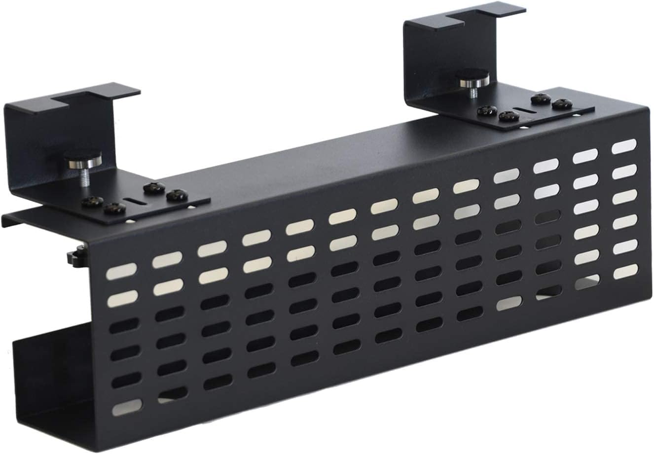 AEONS Under Desk Cable Management Tray Kit - Horizontal Adjustable up to 41” Removable C Clamp Mount Reversible Computer Cord Raceway and Modesty Panel for Large Table, Black