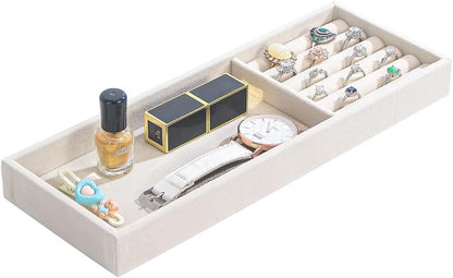 Divided Drawer Organizer Tray, Velvet Jewelry Storage Tray, Necklace Bracelet Ring Earring Display Tray,Bedside Nightstand Desk Holder Tray for Phone Watch Sunglasses Cosmetics Storage/Beige/1grid