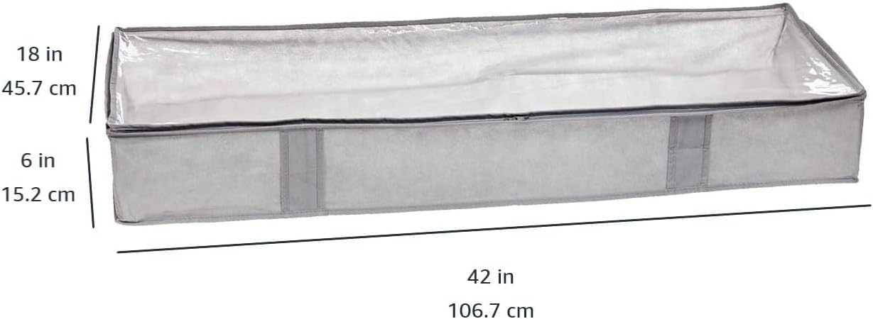 Amazon Basics Under Bed Storage Bags for Clothes and Blankets, Foldable Fabric Zipper Container with Clear Window and Reinforced Handles, Space Saving, 18 x 42 x 6 inches, Gray, 2-Pack