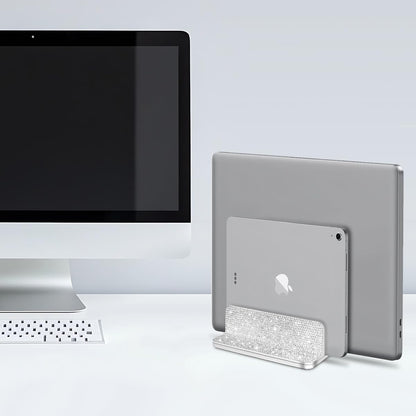 Bling Vertical Laptop Stand, Double Desktop Stand Holder with Adjustable Dock (Up to 17.3 inch),Compatible with All MacBook/Surface/Samsung/HP/Dell/Chrome Book (Silver Glitter Rhinestones)