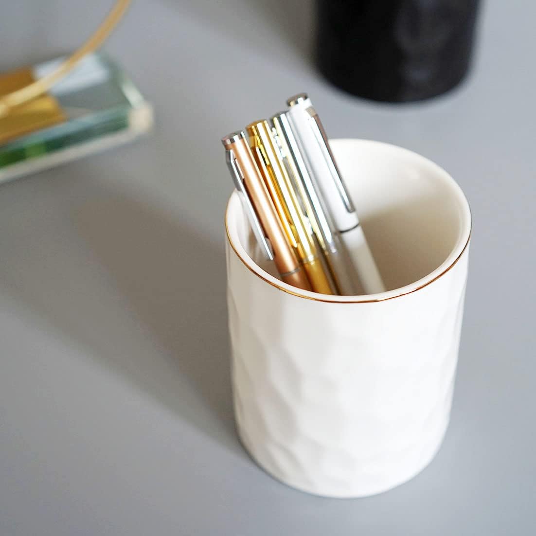 HANKOR Ceramic Pen Holder Cup Pencil Holder for Desk, Makeup Brush Holder Organizer for Office Home, White