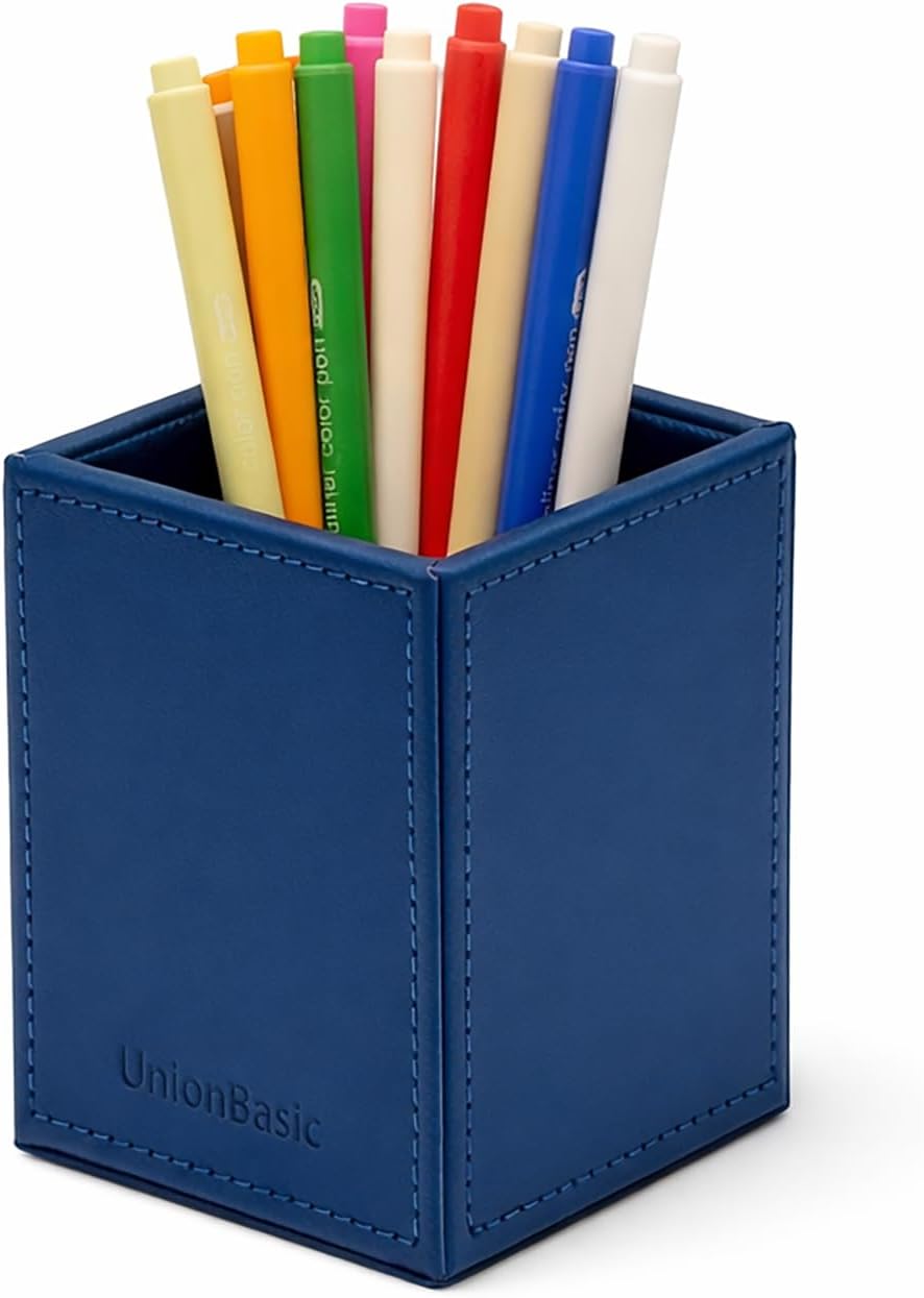 UnionBasic Square Pen Holder, Leather Pencil Cup, Desktop Caddy Stationery Organizer, Beige