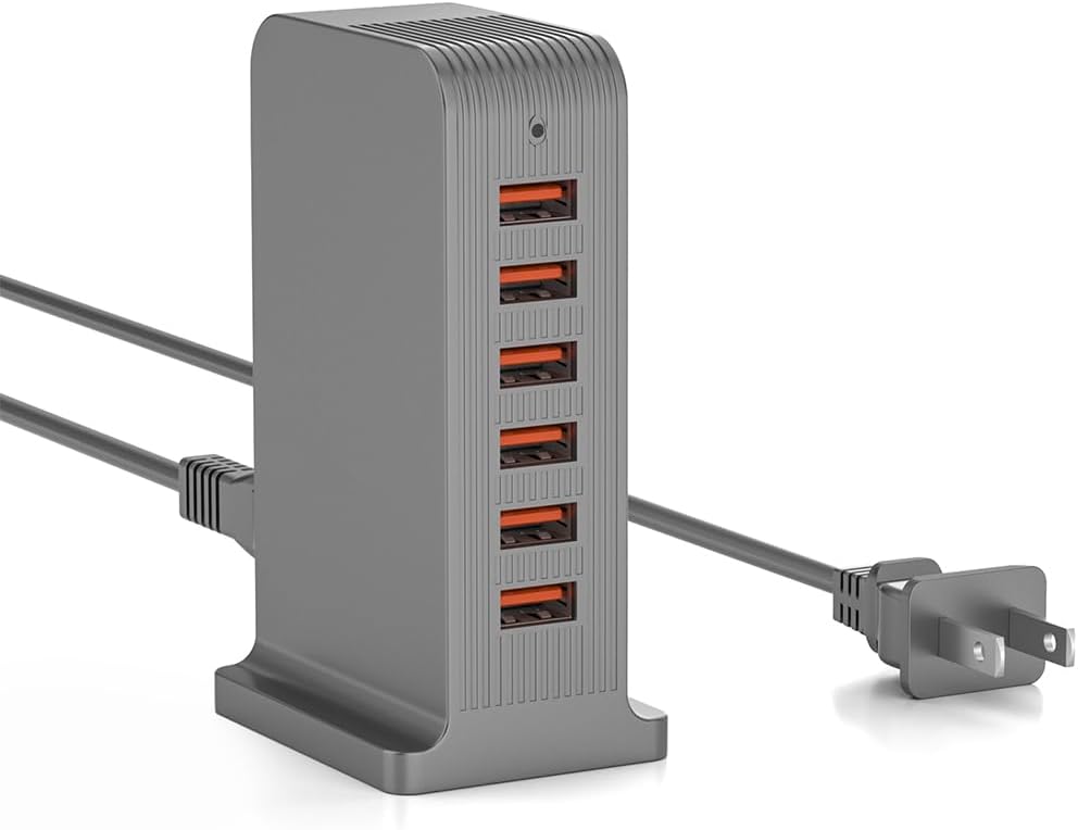 VPSUN USB Charger 6 Port 50W Multi USB Tower Charging Station for Multiple Devices iPhone 15/14/14 Pro/14 Pro Max/13 Pro/13 Pro Max/Android/Samsung/Tablet,etc (Black, 50W)