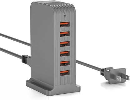 VPSUN USB Charger 6 Port 50W Multi USB Tower Charging Station for Multiple Devices iPhone 15/14/14 Pro/14 Pro Max/13 Pro/13 Pro Max/Android/Samsung/Tablet,etc (Black, 50W)