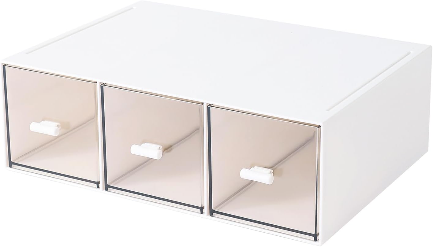 MILULUGO Plastic 3 Drawer Organizer for Cosmetic Storage, Desk Organizer, Makeup Organizer for nail polish, Lipstick, Brushes, Jewelry, Skincare, Bathroom Organization Boxes - White