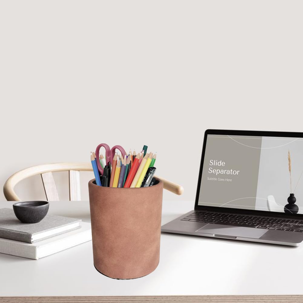 Leather Pen Holder, Brown Pencil Holder, Desktop Elegant Pen Holder for Desk, Stationery Organizer for School Office Home Dorm (3.3" x 3.3" x 4", Brown)