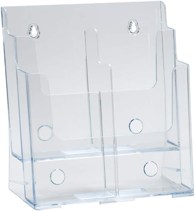 Azar Displays 252378, Brochure Holder, Acrylic Desk Organizer, Three Tier Document, Magazine & Sign Holder, Wall Mount Desk Accessories, Literature Display Stand, Divider for 4" Pamphlets, 8.5"x11"
