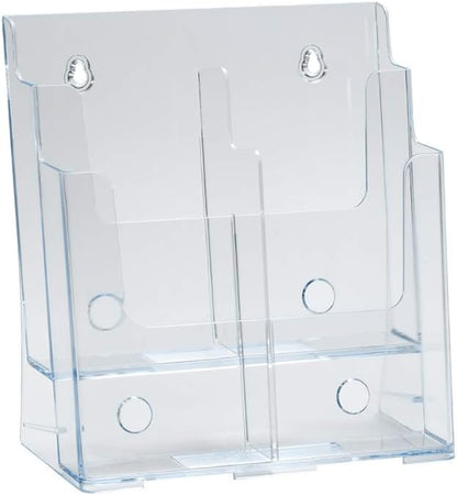 Azar Displays 252378, Brochure Holder, Acrylic Desk Organizer, Three Tier Document, Magazine & Sign Holder, Wall Mount Desk Accessories, Literature Display Stand, Divider for 4" Pamphlets, 8.5"x11"