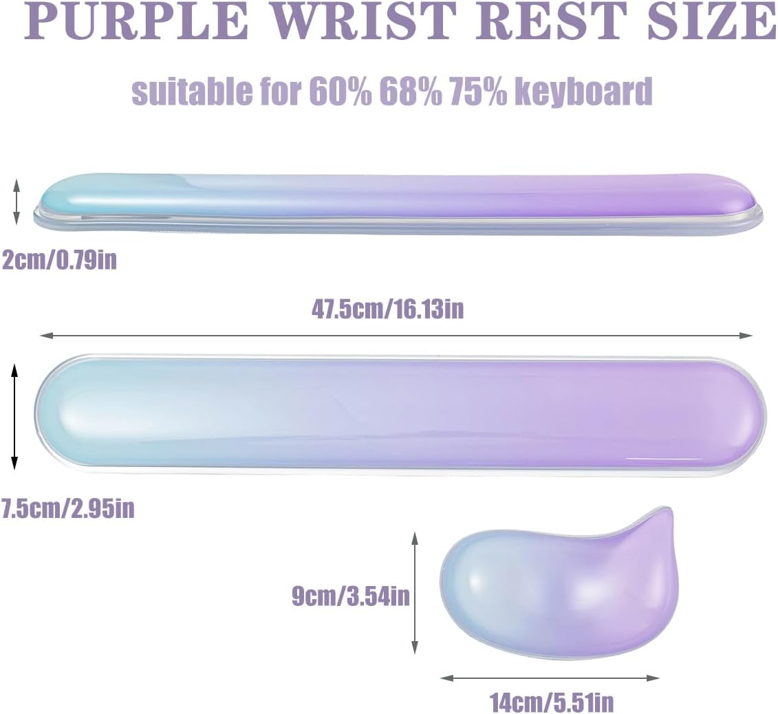 Gel Keyboard and Mouse Wrist Rest Set –Blue Purple Clear Wrist Rest for Computer Keyboard 60%/68%/75%, Comfort & Support for Typing and Gaming