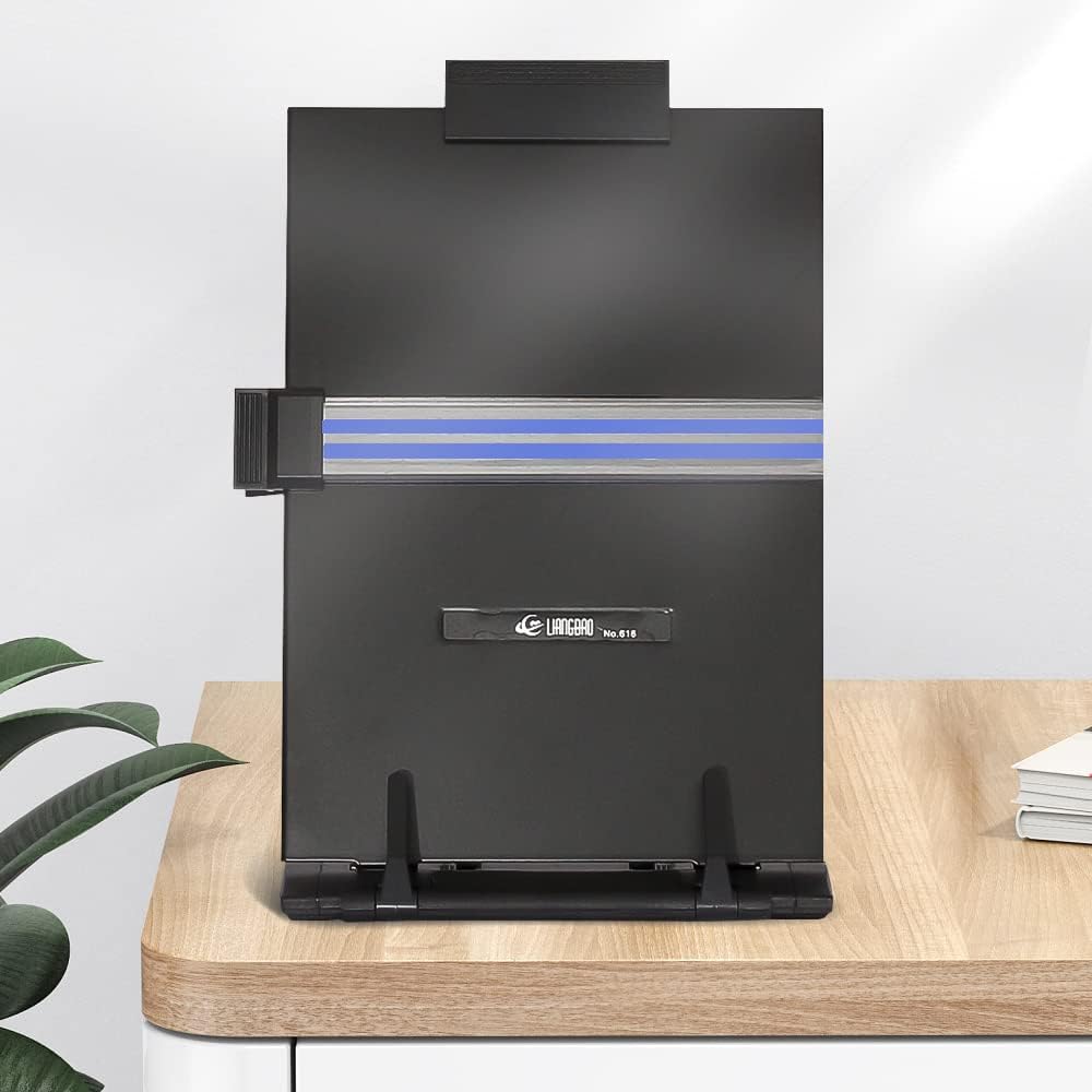 OSPNIEEK 2 Pack Desktop Document Holder Stand with 7 Adjustable Position, Black Metal File Organizer Copyholder for Typing Speech Reading A4 Letter Music Book Tablet Office, with Paper Clip Line Guide