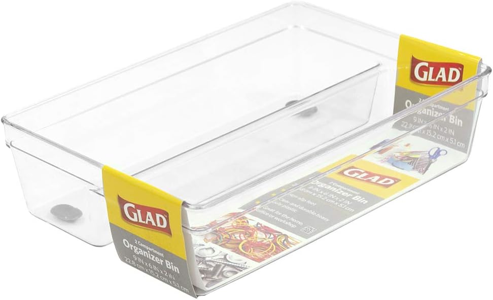 Glad Drawer Organizer Bin, 15x9 - Divided Clear Plastic Storage Tray for Junk Drawers, Kitchen Utensils, Bathroom Vanity, and Organizing Pantry - BPA Free, Food Safe, Non Slip