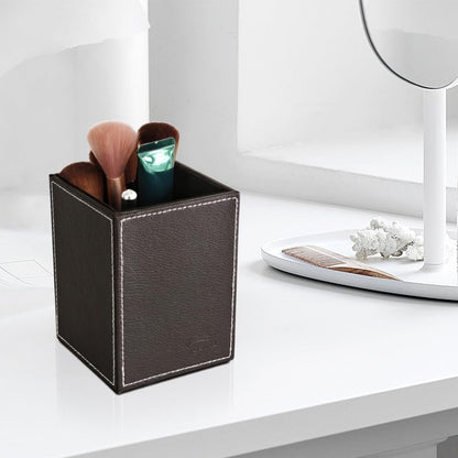 Leather Pen Holder, Brown Pencil Holder, Desktop Elegant Pen Holder for Desk, Stationery Organizer for School Office Home Dorm (3.3" x 3.3" x 4", Brown)