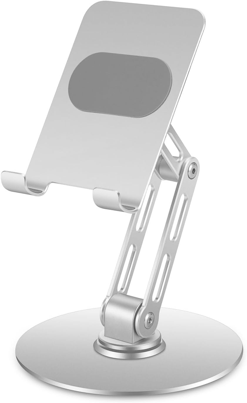 Adjustable Aluminum Phone Stand for Desk, No Wobble Heavy Base, Height Adjustable iPhone & iPad Stand, 360° Rotating Foldable Phone Holder for Desk Office Home (4–11”)