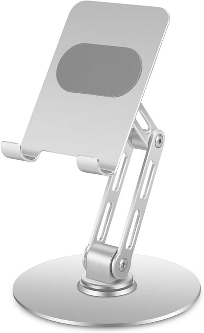 Adjustable Aluminum Phone Stand for Desk, No Wobble Heavy Base, Height Adjustable iPhone & iPad Stand, 360° Rotating Foldable Phone Holder for Desk Office Home (4–11”)