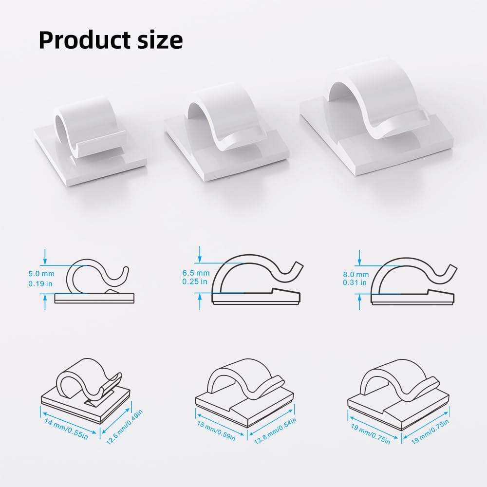 100 PCS Adhesive Cable Clips Cord Organizer (Small, Medium,Large),Wire Holder for Cable Management, Outdoor Light Clips Light Hooks for LED String,Car Dash Cam, Extension Cord (Black)