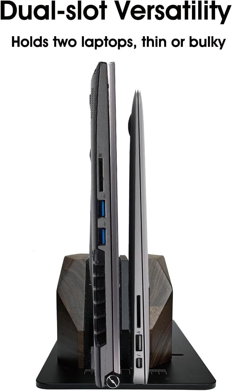 Walnut Wood Vertical Laptop Stand, Dual Slot Wooden Laptop Holder Vertical for Desk, Width Adjustable Dock Compatible with MacBook Pro and Universal Gaming Laptops