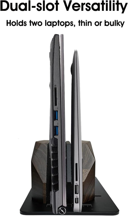 Walnut Wood Vertical Laptop Stand, Dual Slot Wooden Laptop Holder Vertical for Desk, Width Adjustable Dock Compatible with MacBook Pro and Universal Gaming Laptops