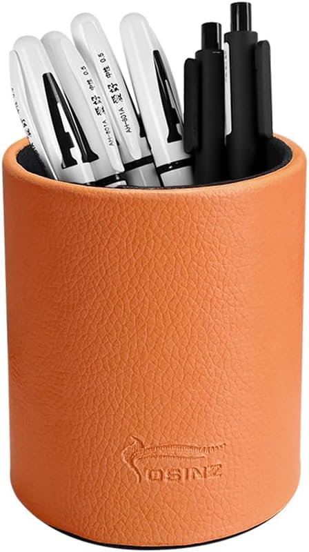 Leather Pen Holder, Brown Pencil Holder, Desktop Elegant Pen Holder for Desk, Stationery Organizer for School Office Home Dorm (3.3" x 3.3" x 4", Brown)