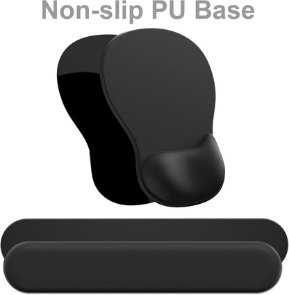 Ergonomic Mouse Pad with Wrist Rest and Keyboard Wrist Rest, Black Mousepad and Wrist Rest for Computer Keyboard, Pain Relief, Non-Slip PU Base, Gel Mouse Pad with Wrist Support for Gaming, Office