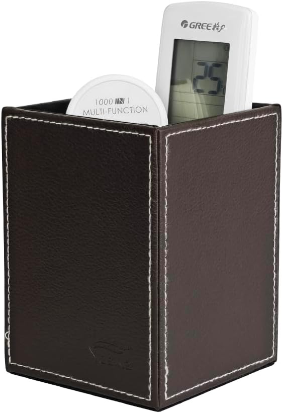 Leather Pen Holder, Brown Pencil Holder, Desktop Elegant Pen Holder for Desk, Stationery Organizer for School Office Home Dorm (3.3" x 3.3" x 4", Brown)
