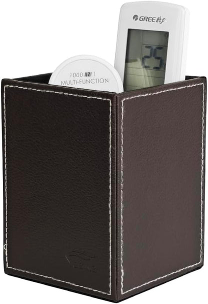 Leather Pen Holder, Brown Pencil Holder, Desktop Elegant Pen Holder for Desk, Stationery Organizer for School Office Home Dorm (3.3" x 3.3" x 4", Brown)