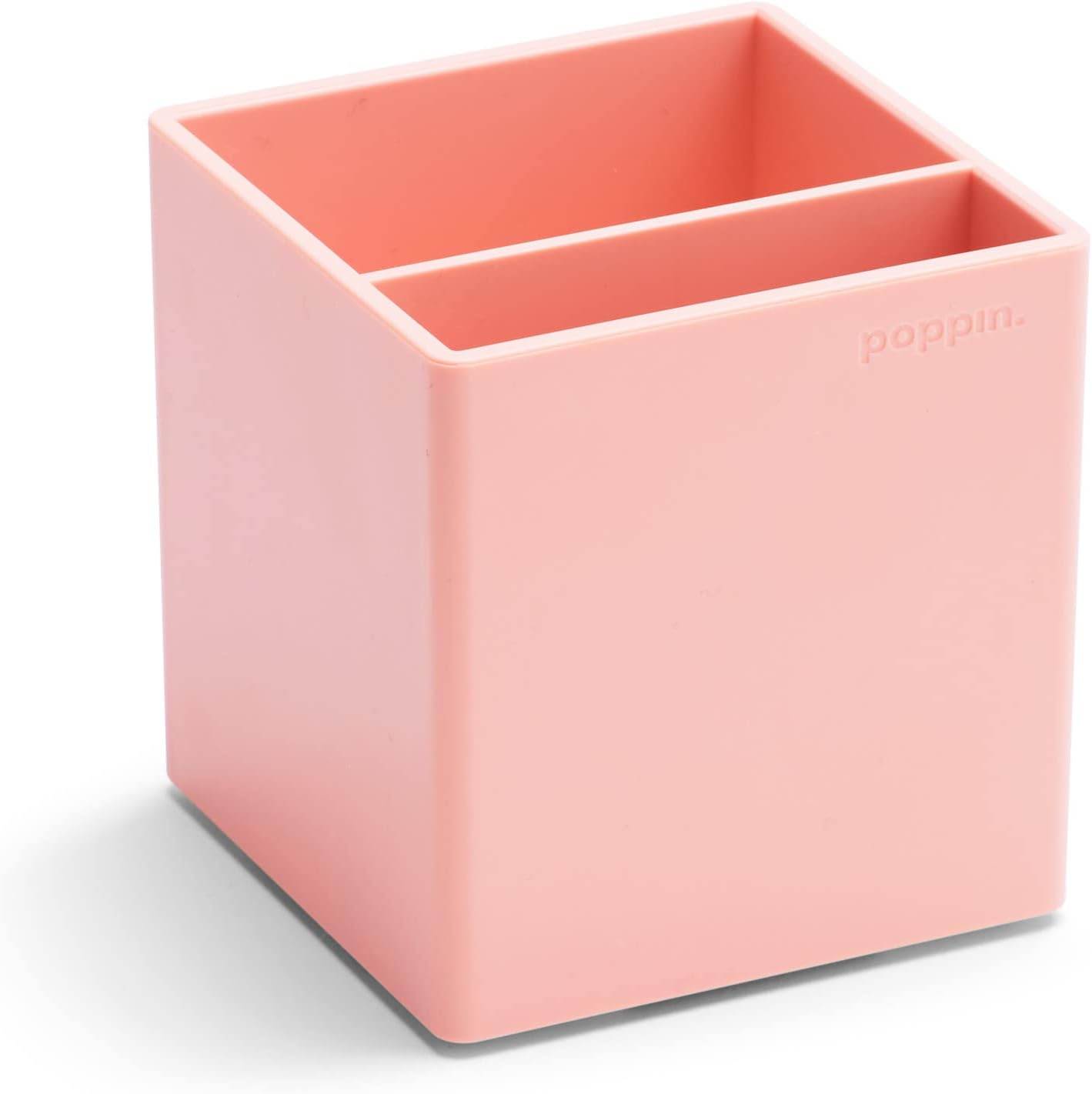Poppin Pen Holder with 2 Compartments - Sturdy Plastic Pen Cup for Desk, Lacquer-like Finish, Blush Pink