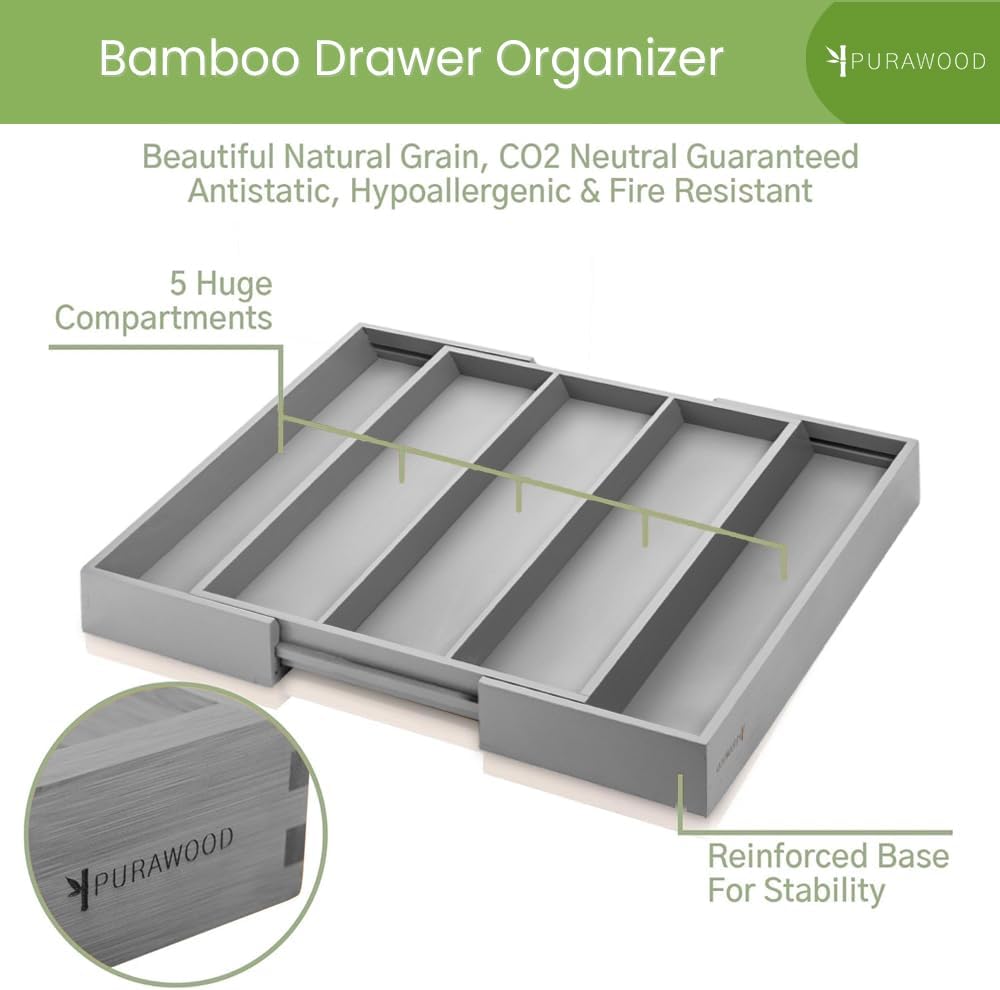 Purawood Kitchen Drawer Organizer - Expandable Utensil Drawer Organizer for Kitchen, Cutlery Tray & Silverware Organizer, 3-5 Slots - Bamboo Organizer for Utensils & Flatware (Natural)