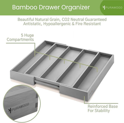 Purawood Kitchen Drawer Organizer - Expandable Utensil Drawer Organizer for Kitchen, Cutlery Tray & Silverware Organizer, 3-5 Slots - Bamboo Organizer for Utensils & Flatware (Natural)