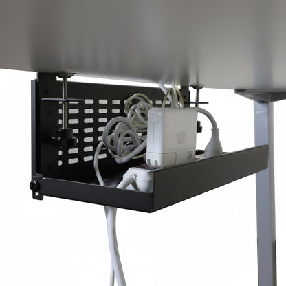AEONS Under Desk Cable Management Tray Kit - Horizontal Adjustable up to 41” Removable C Clamp Mount Reversible Computer Cord Raceway and Modesty Panel for Large Table, Black