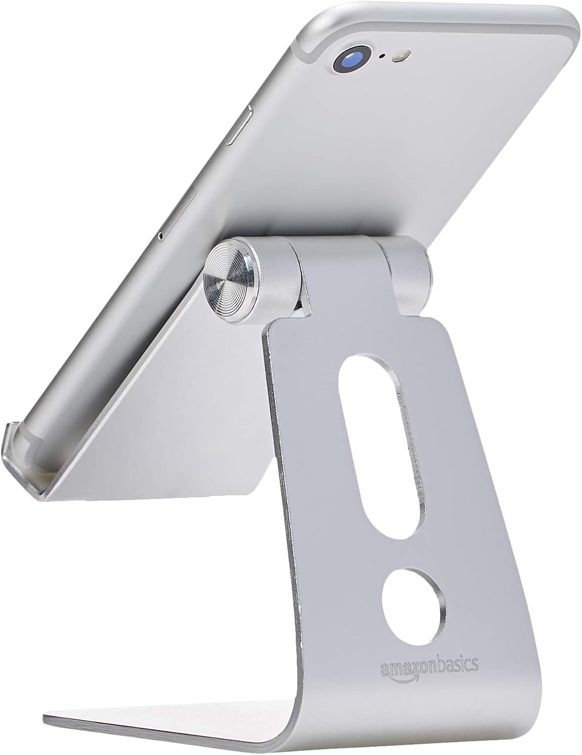Amazon Basics Adjustable Aluminum Phone Stand for Cell Phones, iPhone and Android, Desktop Phone Holder with Adjustable Angle, Hands-Free Viewing, 3.15 x 2.87 x 3.74 inch, Silver