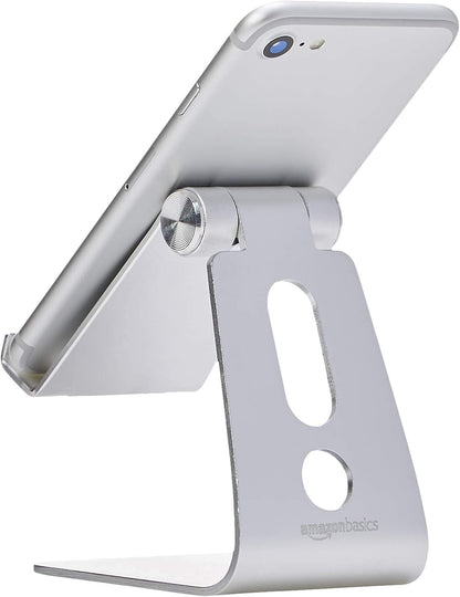Amazon Basics Adjustable Aluminum Phone Stand for Cell Phones, iPhone and Android, Desktop Phone Holder with Adjustable Angle, Hands-Free Viewing, 3.15 x 2.87 x 3.74 inch, Silver