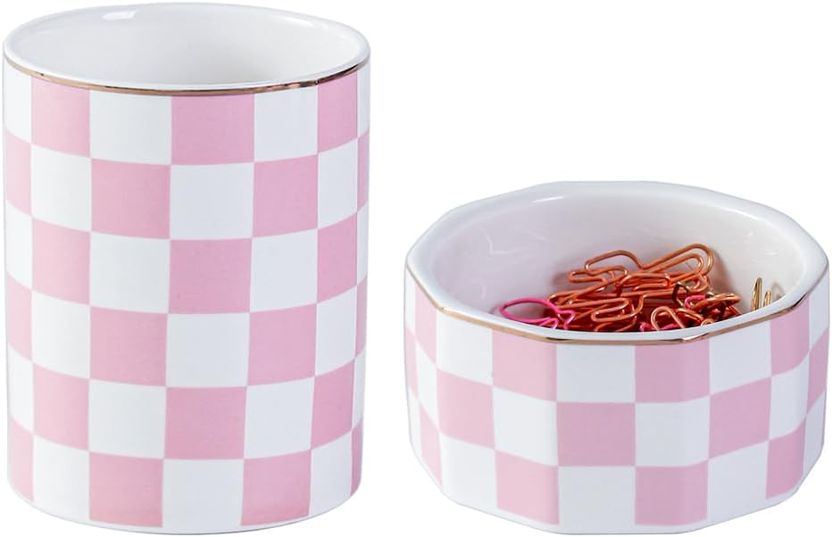 Aesthetic Desk Organizer Set of 2 For Office, Checkered Pen Holder and Paper Clip Holder Dispenser, Ceramic Cute Pencil Cup, Desktop Accessories, Office Decor, Ideal Gifts for Mom (Pink-White)