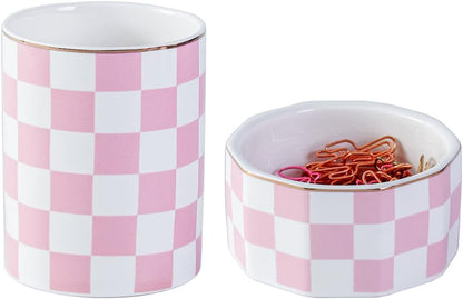 Aesthetic Desk Organizer Set of 2 For Office, Checkered Pen Holder and Paper Clip Holder Dispenser, Ceramic Cute Pencil Cup, Desktop Accessories, Office Decor, Ideal Gifts for Mom (Pink-White)