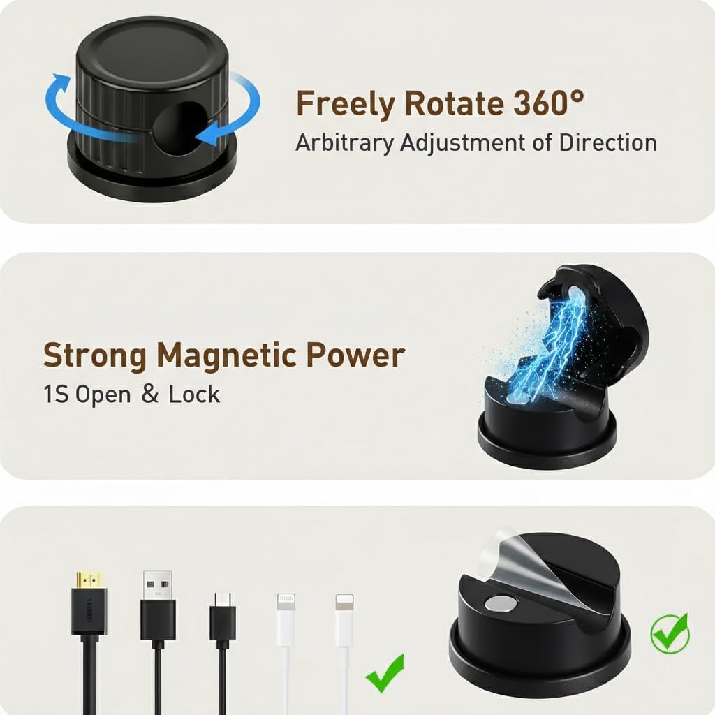 Magnetic Cable Organizer 8-Pack Glossy Black - Rotating Magnetic Clip Cord Keeper for Desk, Nightstand & Car - Adhesive Management System for USB & Power Wires