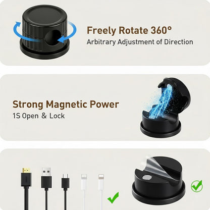 Magnetic Cable Organizer 8-Pack Glossy Black - Rotating Magnetic Clip Cord Keeper for Desk, Nightstand & Car - Adhesive Management System for USB & Power Wires