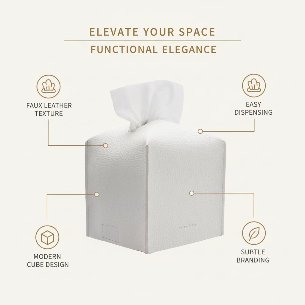 Tissue Box Cover Holder, Square with Bottom Belt by Carrot's Den - PU Leather Decorative Organizer for Tabletop, Bathroom, Car, Office | Beige