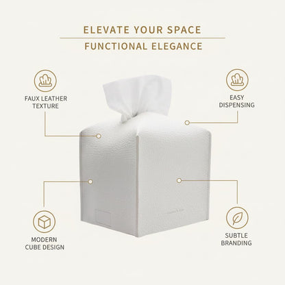 Tissue Box Cover Holder, Square with Bottom Belt by Carrot's Den - PU Leather Decorative Organizer for Tabletop, Bathroom, Car, Office | Beige