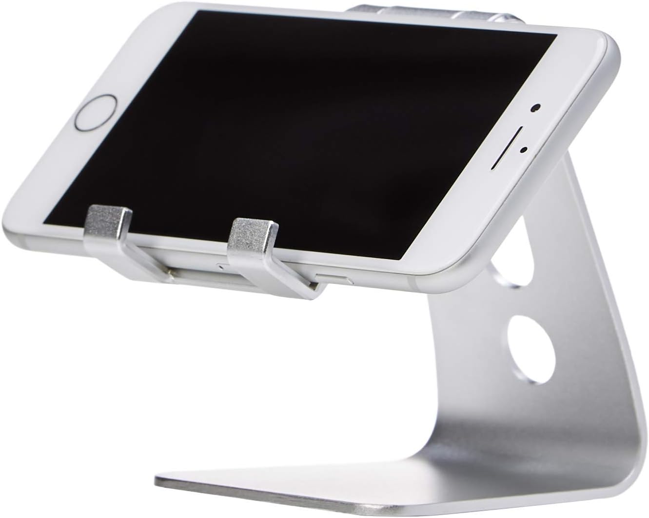 Amazon Basics Adjustable Aluminum Phone Stand for Cell Phones, iPhone and Android, Desktop Phone Holder with Adjustable Angle, Hands-Free Viewing, 3.15 x 2.87 x 3.74 inch, Silver