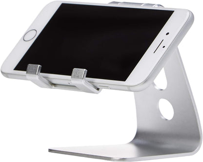 Amazon Basics Adjustable Aluminum Phone Stand for Cell Phones, iPhone and Android, Desktop Phone Holder with Adjustable Angle, Hands-Free Viewing, 3.15 x 2.87 x 3.74 inch, Silver