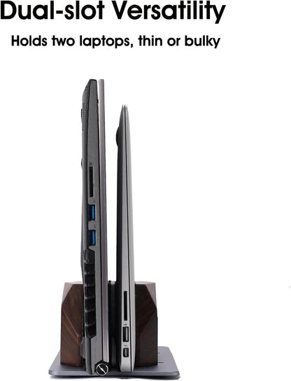Walnut Wood Vertical Laptop Stand, Dual Slot Wooden Laptop Holder Vertical for Desk, Width Adjustable Dock Compatible with MacBook Pro and Universal Gaming Laptops