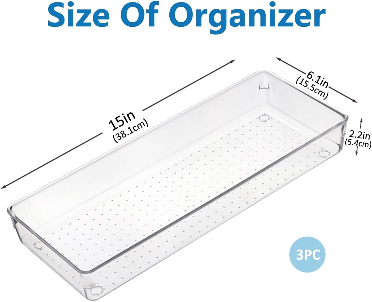 Kutesna 3 Pcs Large Clear Drawer Organizer Set, 15" X 6" Desk Drawer Organizers Trays with Non-Slip Silicone Pads, Storage Bins for Makeup, Office, Kitchen Gadgets Utensils, Bedroom, Tools, Bathroom