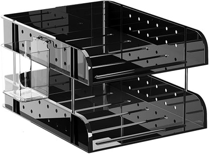 Clear Acrylic Desk Organizer, Multi-Tier Letter Tray with Pen Holder, Office Storage for Documents and Supplies